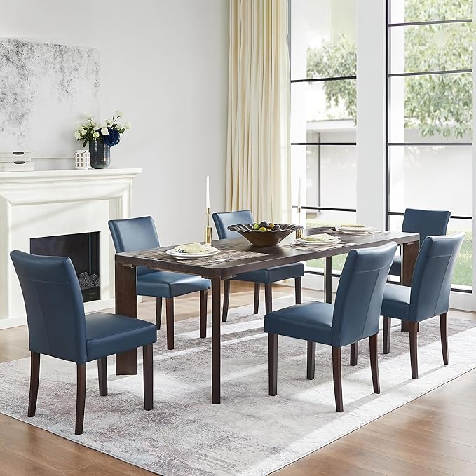 Watson & Whitely Dining Chairs Set of 6, Faux Leather Upholstered Armless Dining Room Chairs with Solid Wood Legs & Back Side Chair for Kitchen, Living Room, Restaurant, Blue