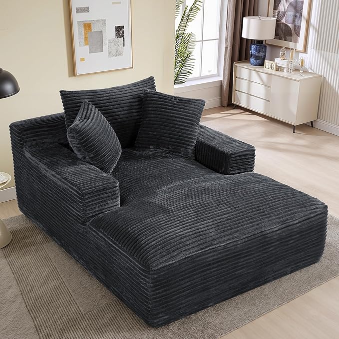 50"W x 68"D Oversized Chaise Lounge Chair Indoor Boneless Reading Chair Plush Corduroy Recliner Large Deep Seat Upholstered Sleeper Comfy Sofa Couch with 3 Pillows for Living Room Bedroom, Dark Gray