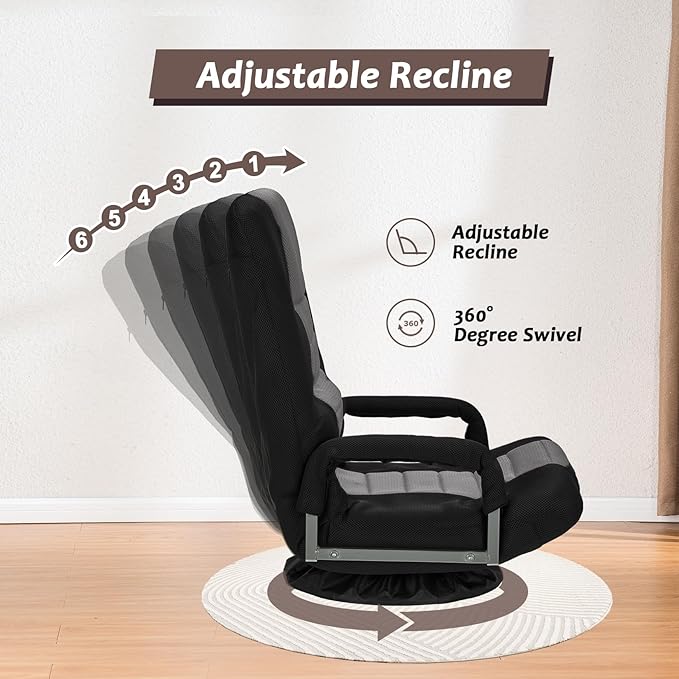 360° Swivel Chair 6 Adjustable Positions Backrest with Armrest Foldable Floor Chairs Suitable for Reading, Relaxing, Mediation,Grey