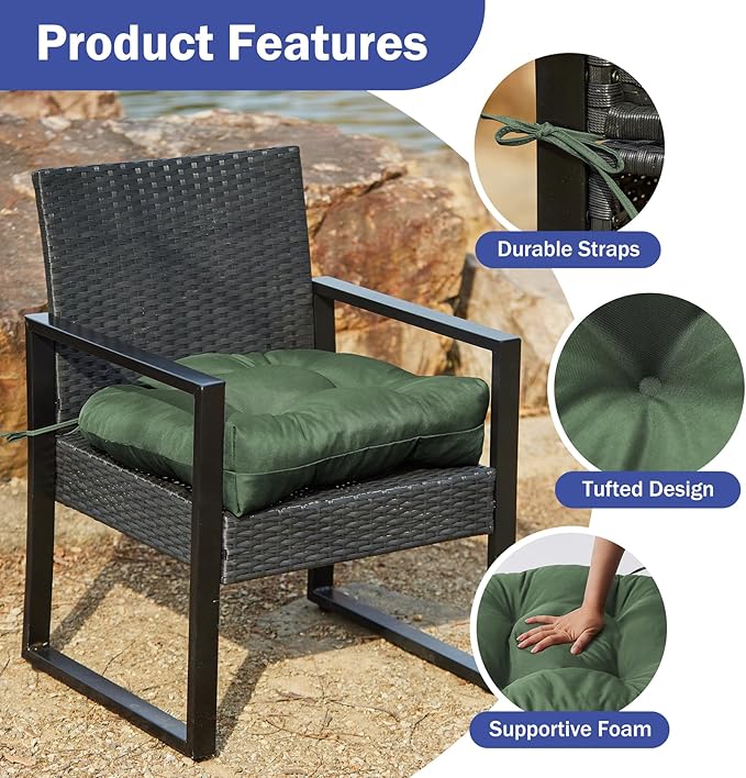 IPYNBAP Outdoor Chair Cushions Set of 2, Patio Chair Cushions with Ties, 17x17+4” Tufted Outdoor Seat Cushions, Waterproof Patio Furniture Cushions, Outdoor Dining Chair Pads, Forest Green