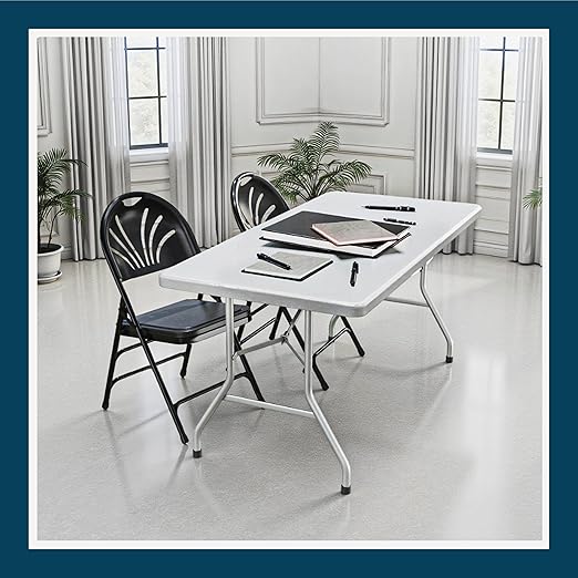 OEF Furnishings OEF1100 Series Premium Heavy-Duty Plastic Folding Chairs, Commercial Fanback Event Chairs with Triple Brace and 500 lb Capacity (4-Pack, Black Plastic with Black Frame)