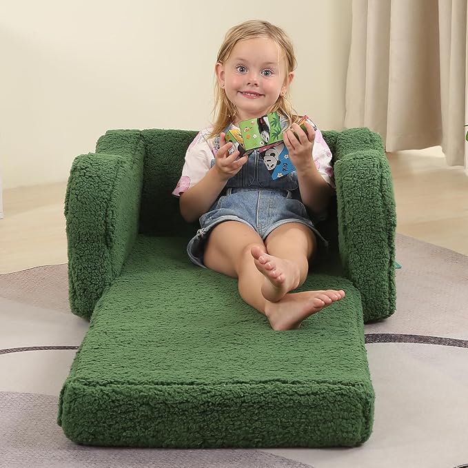 Kids Sofa, 2-in-1 Flip-Out Foam Couch with Soft Sherpa Cover, Cozy Play Lounge Chair, Green
