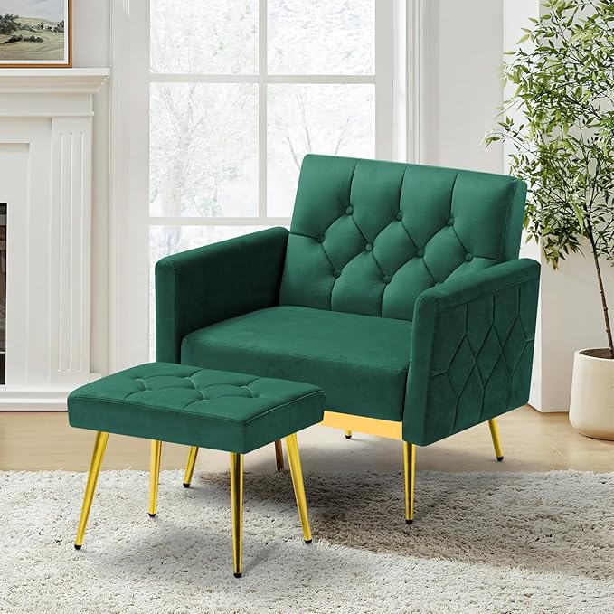 ACMEASE Velvet Accent Chair w/Adjustable Armrests and Backrests, Tufted Single Armchair w/Ottoman, Upholstered Reading Chiar for Living Room, Apartment, Bedroom, Green