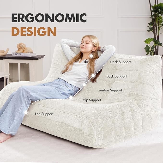 Bean Bag Loveseat Chair Big Sofa Beanbag Chair for Adults Fireside Chair Bean Bag Lounger with Memory Foam Filled for Home,Apartment or Gaming Venue（Beige Plush）