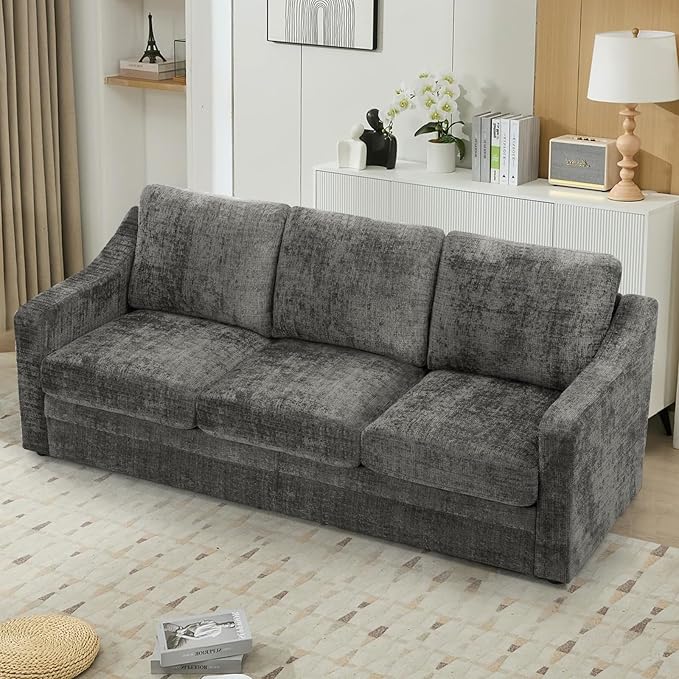 ACMEASE 83 Inches Chenille 3-Seat Sofa w/Comfortable Back Cushions, Modern Sofa w/Deep Seat Space, Upholstered 3 Seater Couch w/High Resiliency Foam for Living Room, Grey