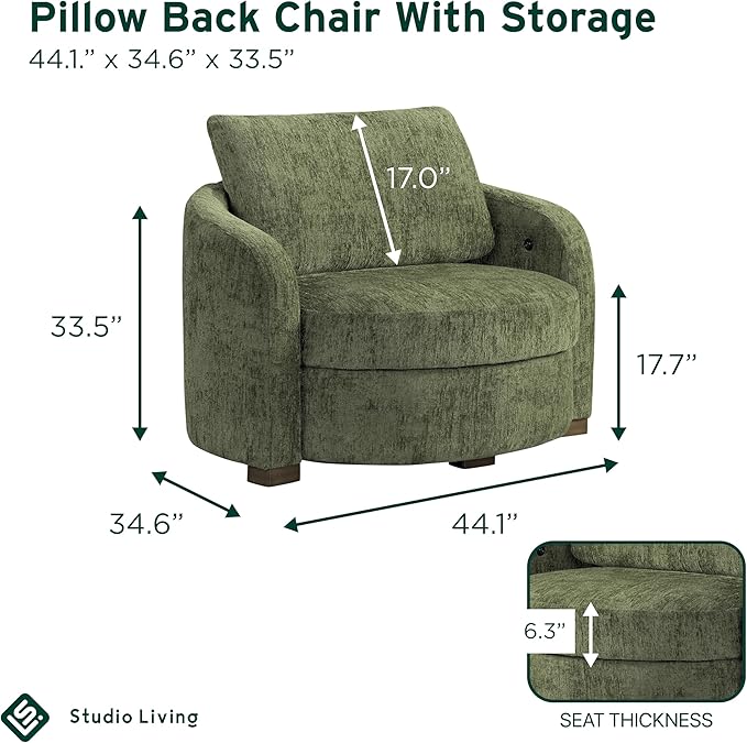 Studio Living® Manchester 44.1" Storage Chair, Modern Farmhouse, Pocket Coil Comfort, USB A & C Power, Easy Assembly, Chenille Fabric, Olive
