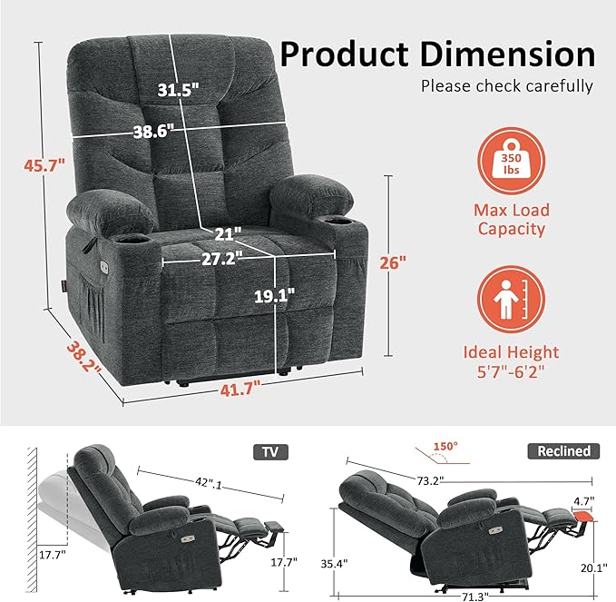 MCombo Oversized Power Lift Recliner Chair with Extended Footrest, Extra Wide 27.2" for Big and Tall Elderly People, Fabric R7399 (Dark Gray, Large-Oversize)