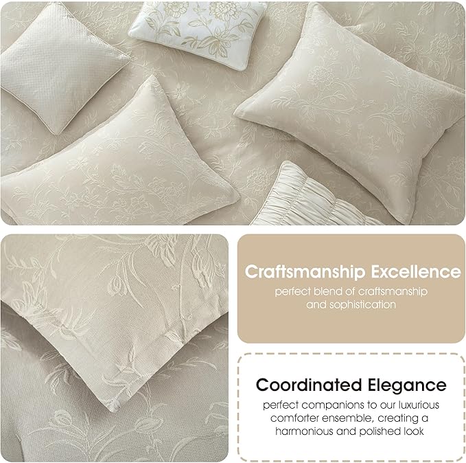 Grand Avenue Beige Cotton Blend Comforter Set, Elegant 7 Piece, Floral Jacquard Queen Size Bedding, All Season, Bedskirt, Pillows & Shams, Home Decor