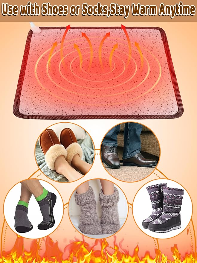 Heated Floor Mat - White Foot Warmer Under Desk, 19.7x21.7in Heated Feet Rest for Home Office Desk, Winter 110V Electric Heating Pad with 3 Timers & 10 Adjustable Temperature