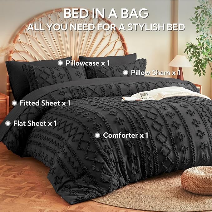 MR&HM Twin XL Comforter Set Black, 5 Pieces Tufted Boho Beddding Sets, Farmhouse Style Bed in a Bag with 1 Comforter, 1 Pillow Sham, 1 Pillowcase, 1 Flat Sheet, 1 Fitted Sheet for College Dorm