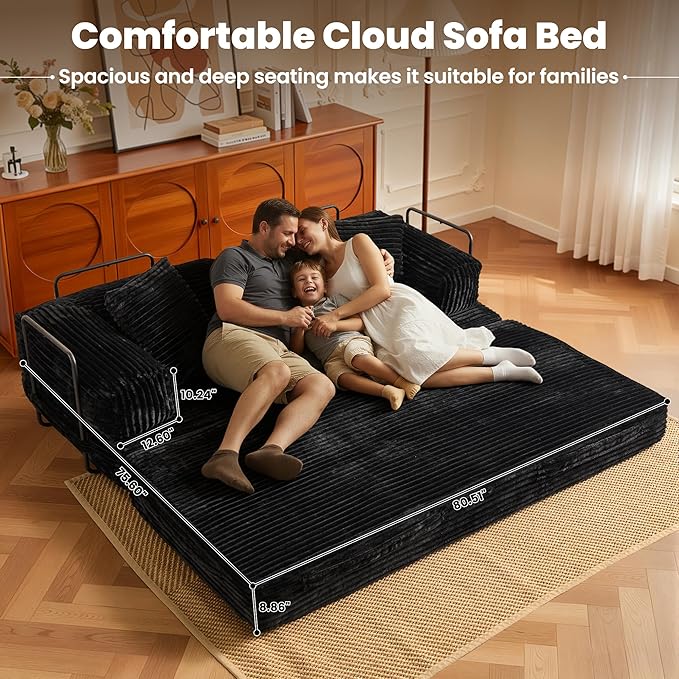 ovios 81" Folding Sofa Bed, Foldable Sleeper Boneless Couch with Pull Out Beds, Modular Convertible Floor Futon Loveseat Lounger for Living Room (Faux Fur, Black)