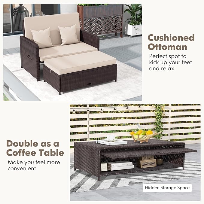RELAX4LIFE Wicker Patio Outdoor Daybed - Rattan Day Bed Lounger with Loveseat & Storage Ottoman, Sunbed Sofa Set w/Cushions, 4-Level Adjustable Backrest & 2 Retractable Trays, Patio Daybed (Beige)