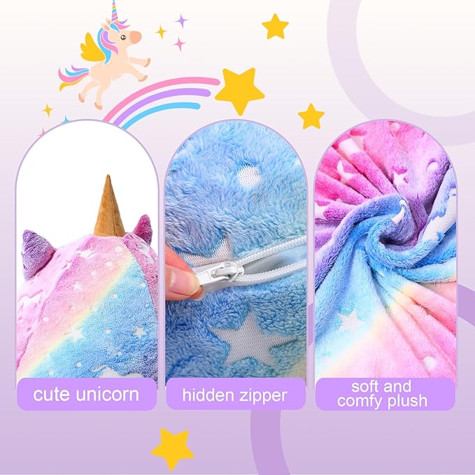 COMAX Unicorn Bean Bag Chairs for Kids 8-12, Kid Beanbag Chair with Filler, Big Toddler Lounge Bean Chair, Children Lazy Floor Lounger for Girls Boys, Glowing Rainbow