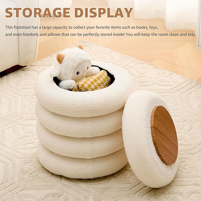 Wimarsbon Round Storage Ottoman, Modern Sherpa Footstool, Teddy Vanity Stool with Flip-Top Tray, Makeup Chair for Home Decor, Upholstered Footrest for Living Room & Bedroom (White S)