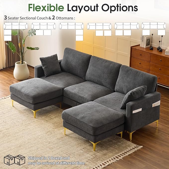 VINGLI 100" W U Shaped Couch with Ottoman, 22" Deep Seat Comfortable Sectional Couches for Living Room, 3 Seater Chenille Fabric Cloud Sofa for Apartment, Small Spaces, Bedroom, Grey