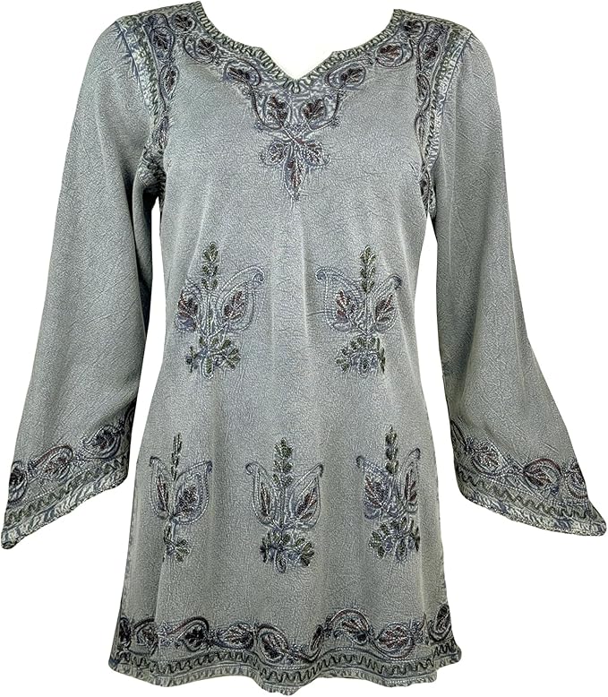 Agan Traders 2025 Winter Long Sleeve Diamond Neck Embroidered Tops - Medieval Boho Vintage Tunic Kurta Blouses for Women