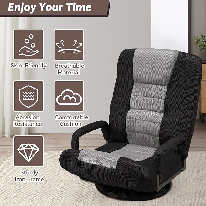 360° Swivel Chair 6 Adjustable Positions Backrest with Armrest Foldable Floor Chairs Suitable for Reading, Relaxing, Mediation,Grey