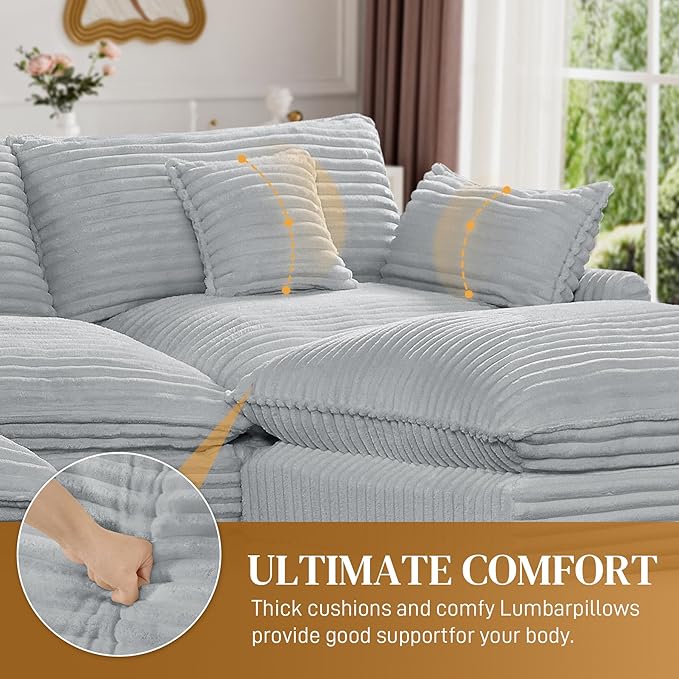 HYJT-H&K 108" U Shaped Cloud Couch Modular Grey Sectional Couches for Living Room, Comfy Fluffy Corduroy Oversized Cloud Sectional Couch Large 5 Seat Sectionals Sofa Set, Grey