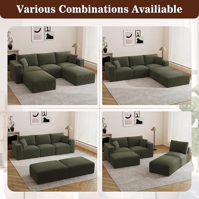 110" Modular Sectional Sofa, Cloud Couch U Shaped Memory Foam Boneless Couch with Ottoman, 3 Seater Cozy Upholstered Corduroy Floor Couch, No Assembly Required Living Room Furniture Home Decor, Green