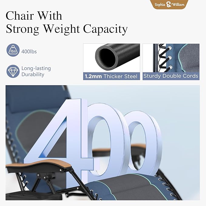Sophia & William Oversized XL Zero Gravity Lounge Chair Padded Reclining Lawn Chair with Cup Holder, Support 400 LBS, Blue