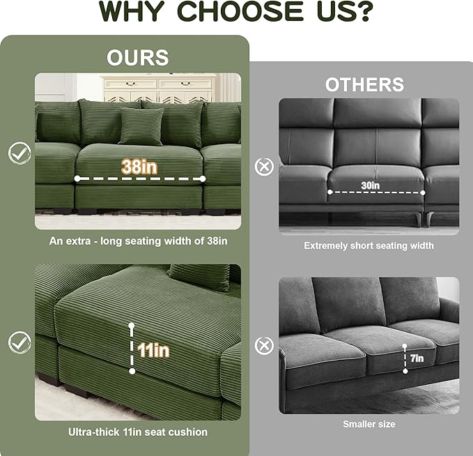 KEIKI 117" L-Shaped Oversized Corduroy Modular Cloud Sectional Sofa with High-Density Foam Cushion, Extra-Thick Armrest, Convertible 4-Seater Fluffy Corner Couch with 14 Pillow, for Living Room, Green
