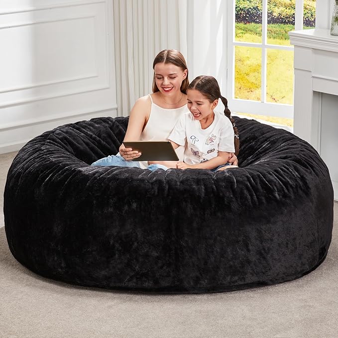 Hobestluk Bean Bag Chairs Giant Beanbag Chair with Filler, Memory Foam Bean Bags with Fluffy & Machine Washable Cover, Bean Bag Chairs for Aduts for Living Room, Bedroom (BLACK, 6FT - 70" x 70" x 15")