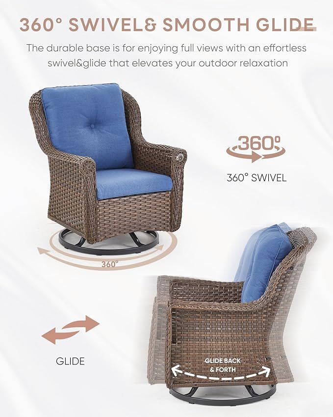 ACTREST Patio Chairs Outdoor Swivel Glider - Set of 2 High Back Outside Brown Wicker Rattan Rocking Chair with Thick Cushion for Porch Apartment Deck Yard Poolside Garden - Navy Blue