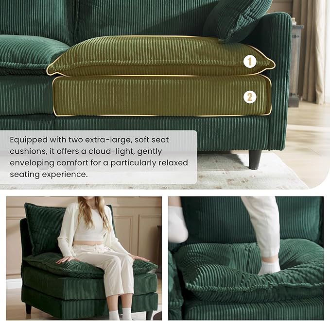 Apicizon 143" Cloud Souch Sectional, 4-Seat Deep Sofa Couch with Ottoman, Modern U Shape Sectional Cloud Sofa Corduroy for Living Room, Apartment, Office, Green