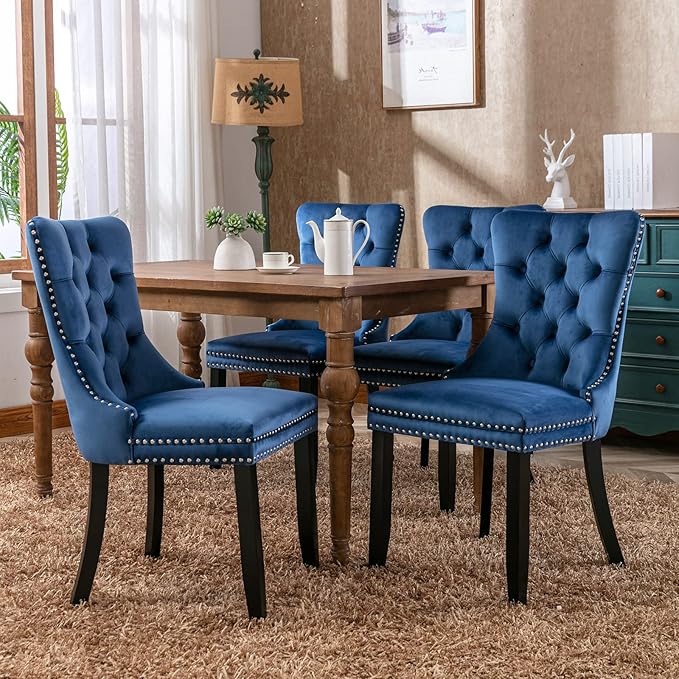 YeahFurn Blue Mid Century Modern Dining Chairs Set of 8, Velvet Upholstered Kitchen & Dining Room Chairs with Nailhead Trim & Solid Wood Legs, Elegant Sillas De Comedor (Blue, 8 Pcs)