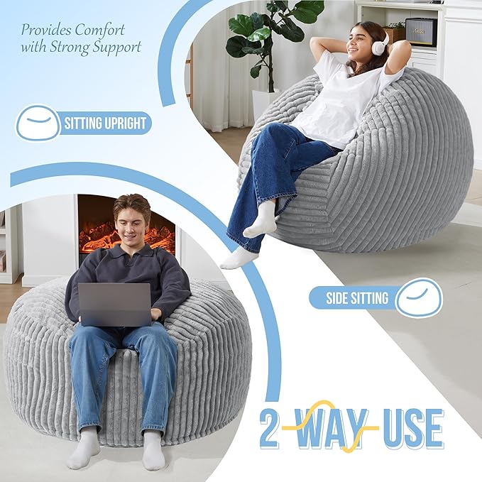 Homguava 3 FT Bean Bag Chair,3' Big Bean Bag,Large Bean Bag Chairs for Adults with Memory Foam Filled,Comfy Beanbag Chairs Soft Bean Bag Sofa with Dutch Corded Plush Cover-Light Grey