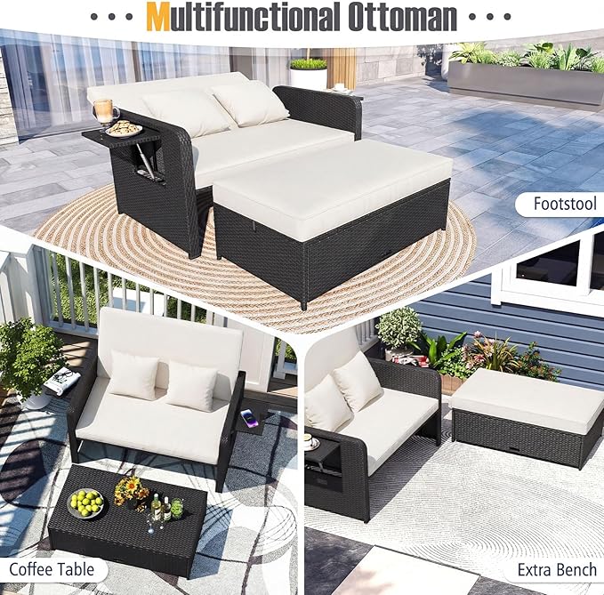 RELAX4LIFE Wicker Patio Outdoor Daybed - Rattan Day Bed Lounger w/Loveseat & Storage Ottoman, Sunbed Sofa Set w/Cushions, 4-Level Adjustable Backrest & 2 Retractable Trays, Patio Daybed (White-Black)