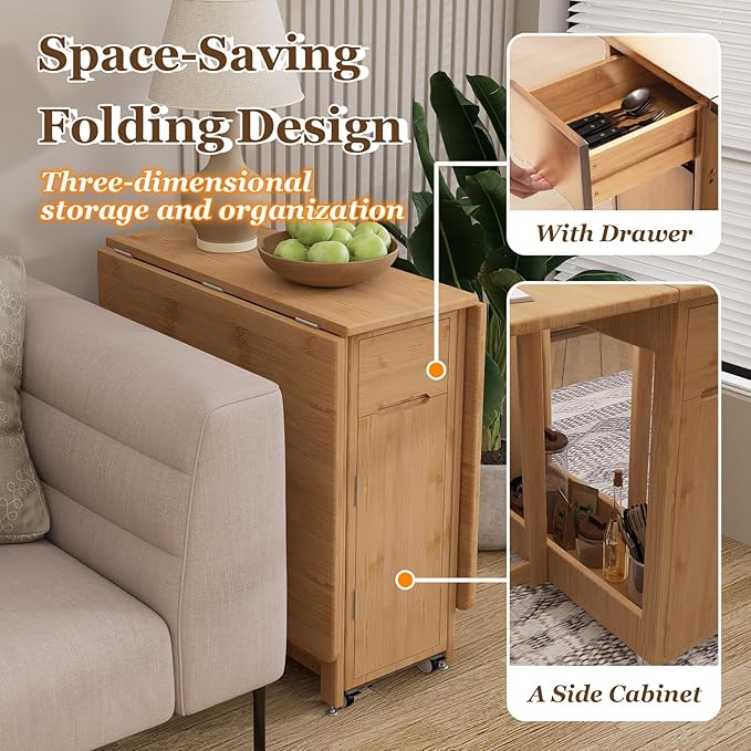 Folding Drop Leaf Dining Table with 2 Storage Space and 4 Lockable Wheels, Convertible Dining Table cart for Small Spaces Dining Room. (Wood)