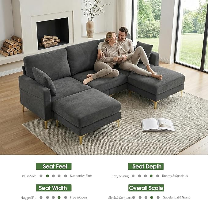 VINGLI 100" W U Shaped Couch with Ottoman, 22" Deep Seat Comfortable Sectional Couches for Living Room, 3 Seater Chenille Fabric Cloud Sofa for Apartment, Small Spaces, Bedroom, Grey