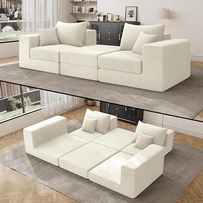 DAMAIFROM 80" Convertible Sleeper Sofa Bed with Soft Pillow, Corduroy Folding Mattress Couch with L-Shape Chaise, Modular Floor Sofa Lounge Couch for Living Room Bedroom Lounge (Beige White)
