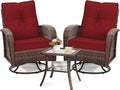 wildformers Luxury Outdoor Swivel Wicker Glider Patio Chairs with Table Set, Overstuffed Washable Cushions, Ideal for Porch, Balcony, Deck, Brown Rattan and Red Cushion