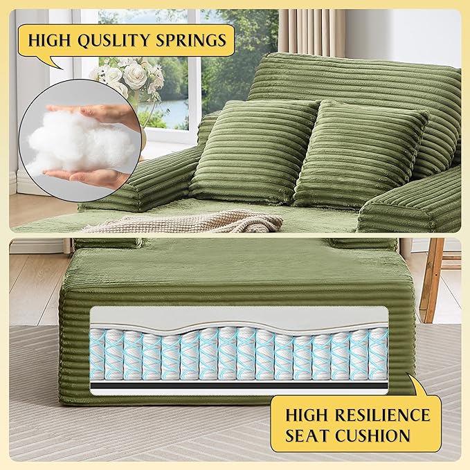 POINTANT 49”W Chaise Lounge Indoor, Oversized Couch Chair with 3 Throw Pillows, Corduroy Upholstered Boneless Sofa Bed,Lazy Bed Sleeper Reading Chairs for Living Room Apartment, No Assembly (Green)