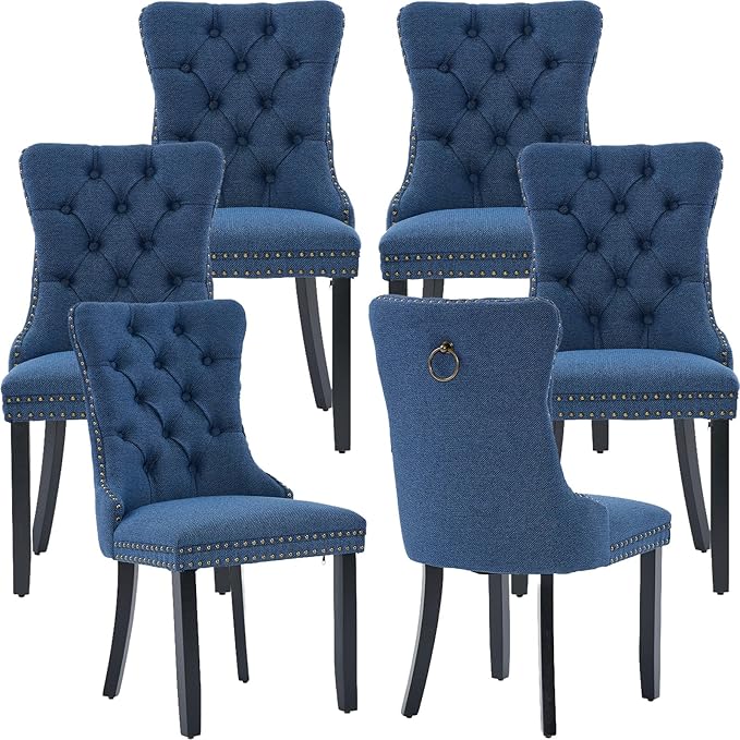 YeahFurn Blue Mid Century Modern Dining Chairs Set of 6, Linen Upholstered Kitchen & Dining Room Chairs with Nailhead Trim & Solid Wood Legs, Elegant Sillas De Comedor (Blue, 6 Pcs)