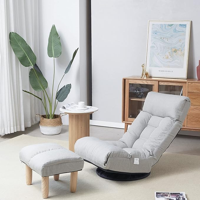 Swivel Reclining Gaming Floor Chair with Ottoman, Comfortable Lazy Lounger with Back Support for Adults Bedroom & Home Gaming Setup