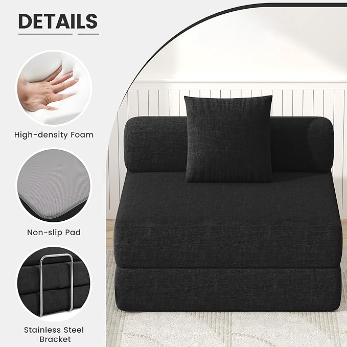 DURASPACE Folding Sofa Bed Convertible Foam Floor Sleeper Mattress Couch with Frame, Single Boneless Fold Out Lounger Chair Bed for Living Room Bedroom (Chenille Black)