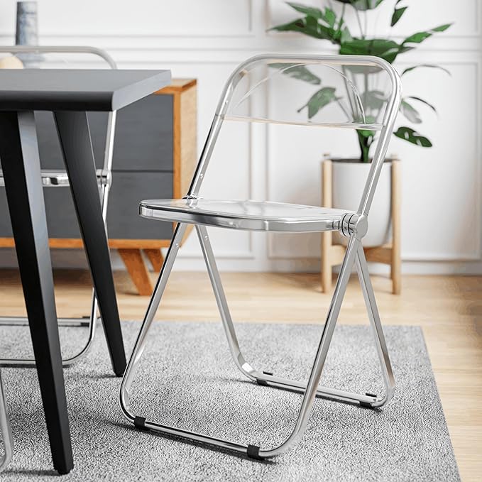 LeisureMod Lawrence Modern Clear Acrylic Folding Chair with Metal Frame, Space-Saving Transparent Seating for Dining Room, Home Office, Bedroom, Vanity or Small Spaces, (Clear, Set of 4)