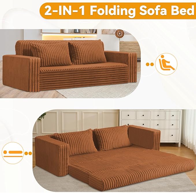HABUTWAY Folding Sofa Bed, 2 in 1 Convertible Sleeper Chair with 2 Pillows, Portable Fold Out Chair Bed with Armrest, Comfy Floor Couch, Lazy Sofa for Living Room Bedroom Dorm Home Office, Caramel