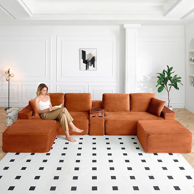 125” Oversized Modular Sectional Sofa, Deep Seat Corduroy Cloud Couch with Cup Holders, USB Ports & Storage Box, Sleeper Sofa Couch Boneless Couches for Living Room, No Assembly Required (Orange)