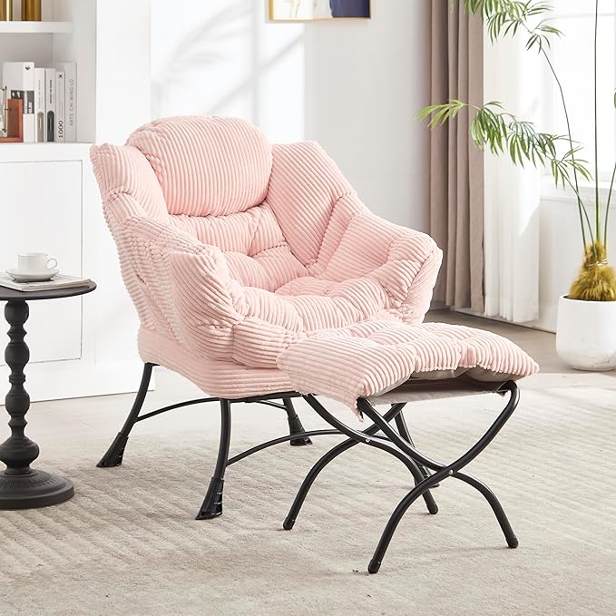 KEIKI Accent Chair with Storage & Ottoman, Flannelette Reading Corner Lazy Chair w/Steel Frame, Comfy Lounge Arm Chair W/Footrest, Leisure Sofa Armchair for Living Room, Bedroom, Easy Assembly, Pink
