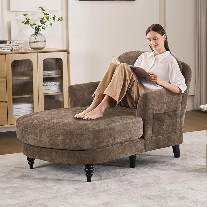 Chaise Lounge Chair Indoor with Pillows - Linen Fabric Comfy Reading Chair Bed, Upholstered Modern Small Couch Sofa Bed for Living Room, Bedroom & Apartment (Brown)