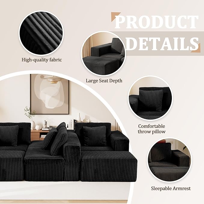 132" U Shaped Modular Sofa, 4-Seater Sectional Cloud Couch with Chaise, Soft Corduroy Boneless for Living Room, No Assembly Required, Free Configuration, Black