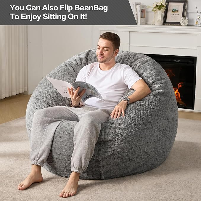 Hobestluk 5ft Bean Bag Chairs for Adults Large Beanbag Chair with Chevron Plush Fur Cover Big Bean Bag Chair for Living Room Bedroom Dorm Office - Grey (50” x 50” x 24”)