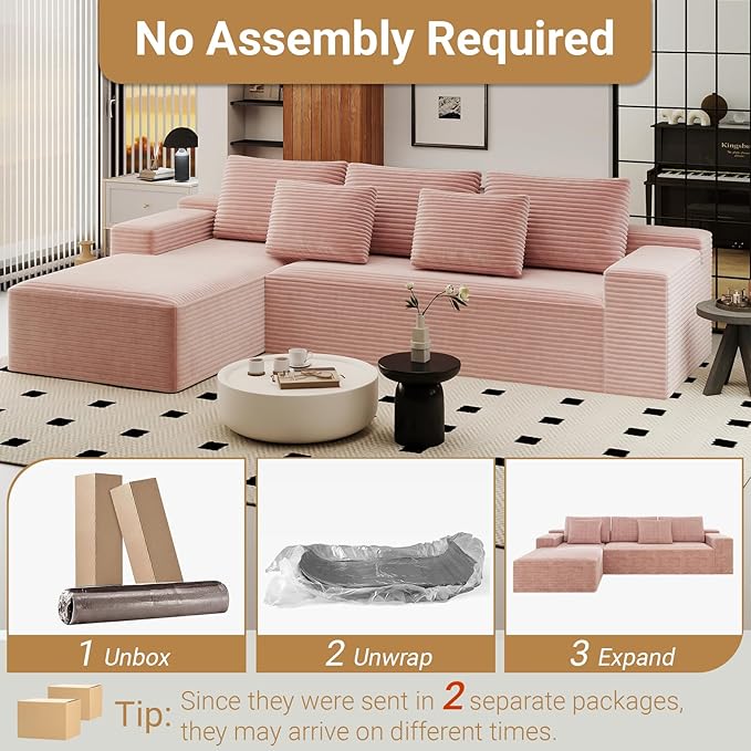 KAPEETOO Modular Sectional Sofa Cloud Couch for Living Room, L Shaped Boneless Couch with Chaise Longue, Oversize 3-Seater Sectional Sleeper Sofa Set with Deep Seat Bedroom (Left Chaise Pink)