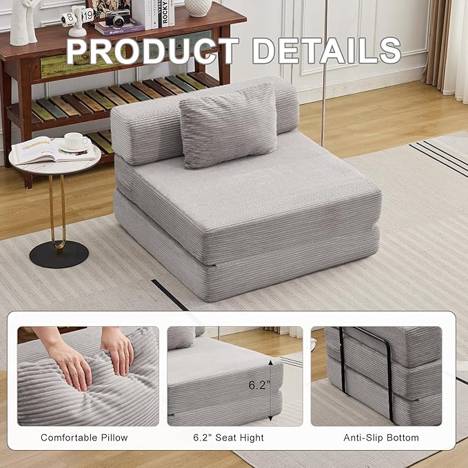 Folding Sofa Bed, Convertible Sleeper Chair with Pillow, Single Sofa with Back Support, Portable Fold Out Chair Cloud Couch Bed, Comfy Floor Sofa Lounge for Living Room Bedroom, Light Grey