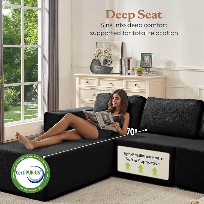 Furnify 106" Modular Sectional Couch Left/Right Facing Convertible, L-Shape Modern Teddy Sofa, Deep Seat Upholstered Foam Couch for Living Room Bedroom, No Assembly Required (Black, Teddy Boucle)