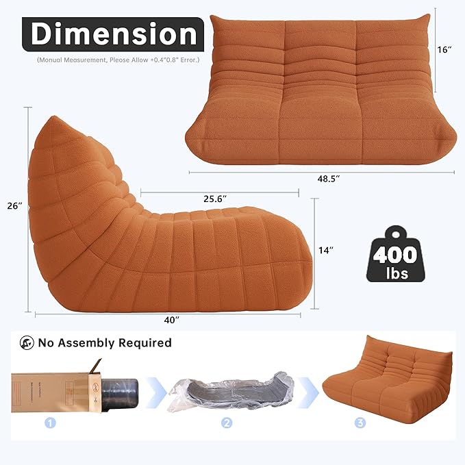 Bean Bag Chairs for Adults, Memory Foam Couch Loveseat Sofa Chair, Soft Teddy Material Cozy Comfy Reading Nook Chairs, Floor Chair for Living Room Bedroom Office(Orange)